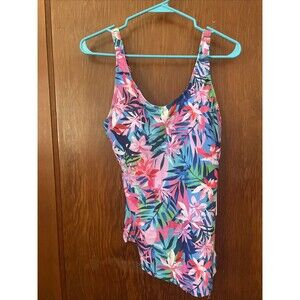 KATE KASIN Tankini Size Large Tummy Control Side Tie Tropical Blue Pink
